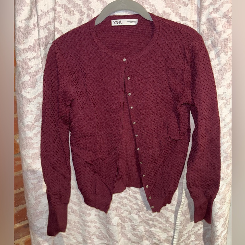 Zara Burgundy Textured Cardigan with Dainty Crystal Buttons